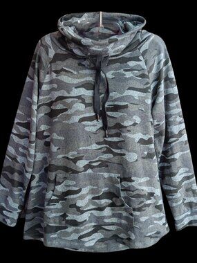 Runway Ready Couture Womens Knit Camouflage Top Cowl Neck Kangaroo Pockets Large